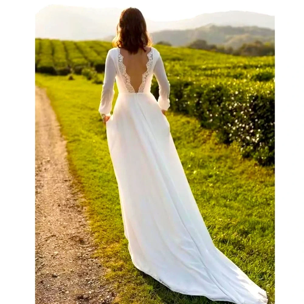 Chiffon long sleeve with lace cuffs boho wedding dress size 10 - Picture 2 of 9